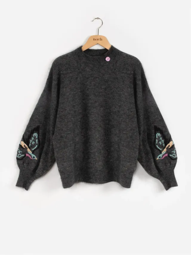 Nach Bijoux oiseau brodé pull maille oversize
