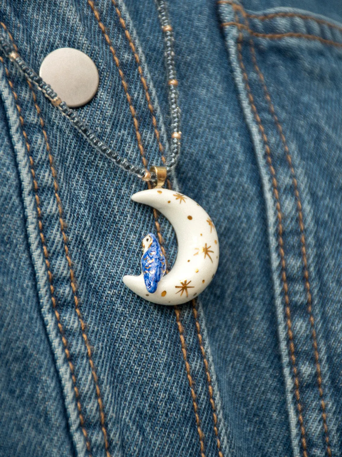 Nach Bijoux Cosmic Collier perles lune et chouette 80 cm porcelaine