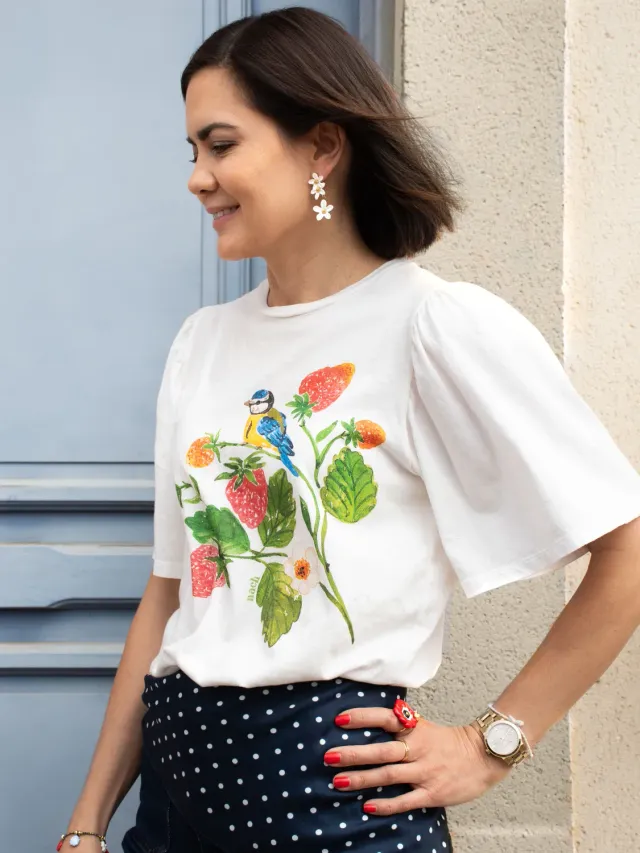Nach Bijoux fraises et mésange t-shirt manches ballons