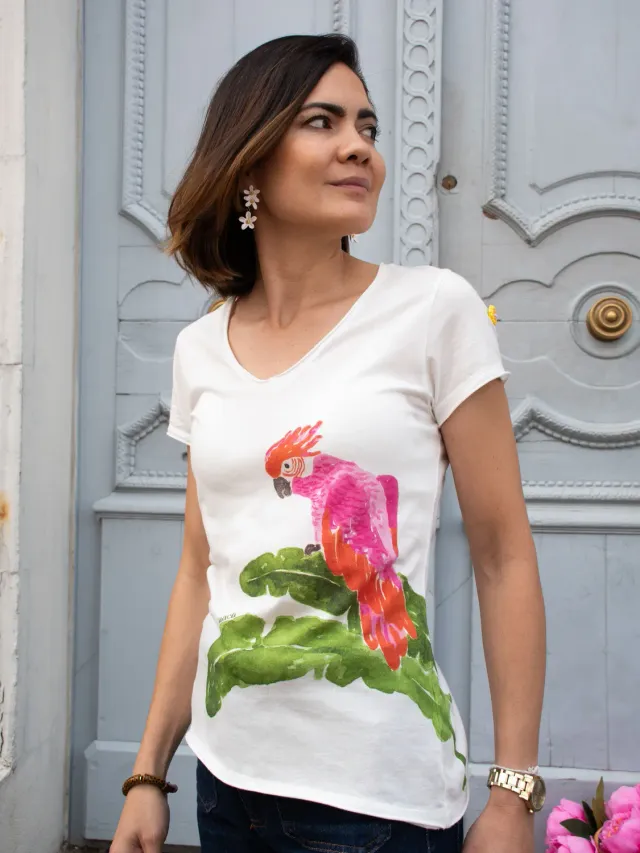 Nach Bijoux Victor cacatoès t-shirt blanc col V S à XL