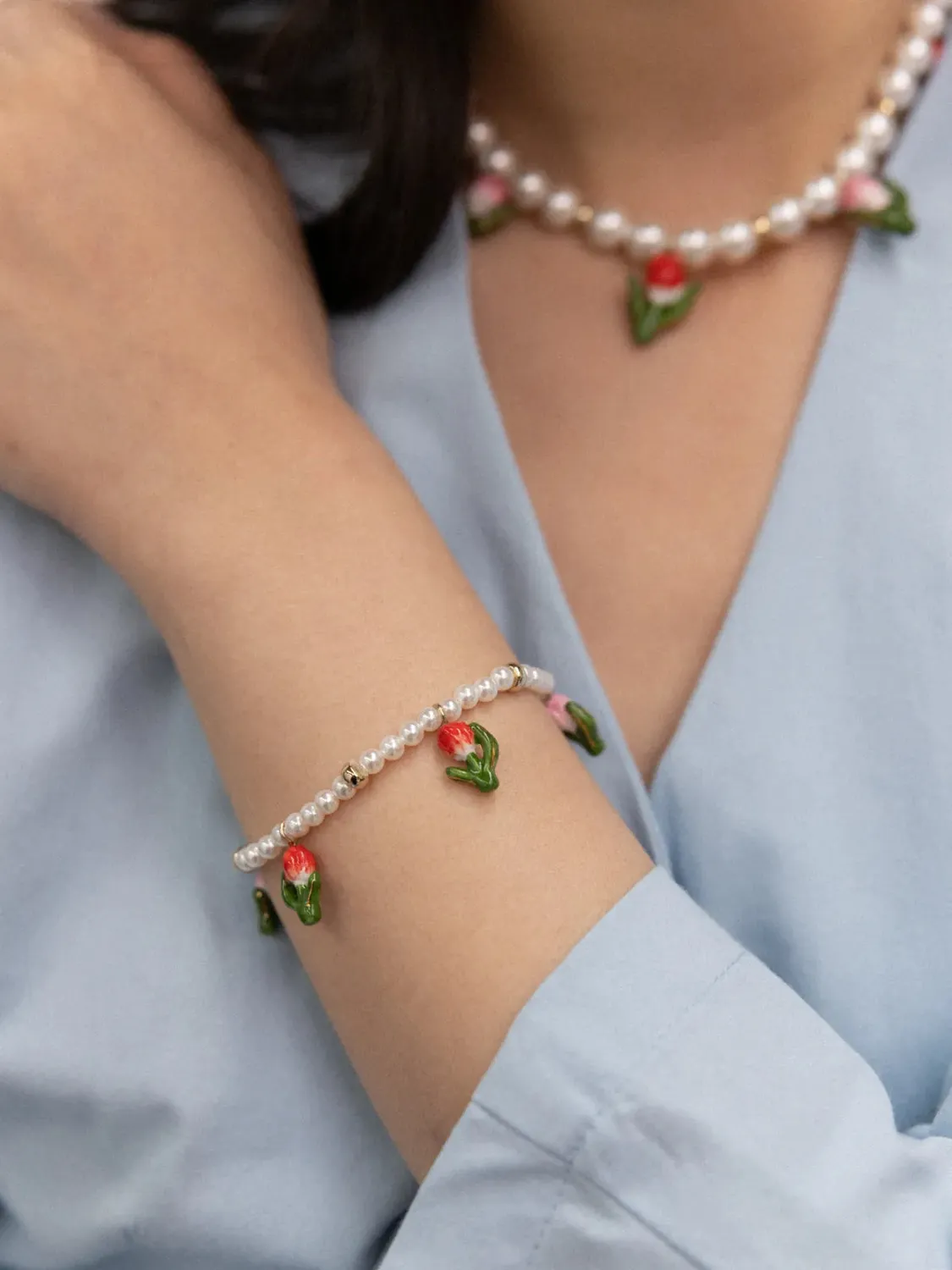 Nach Bijoux Tulipes perles blanches bracelet porcelaine rivière