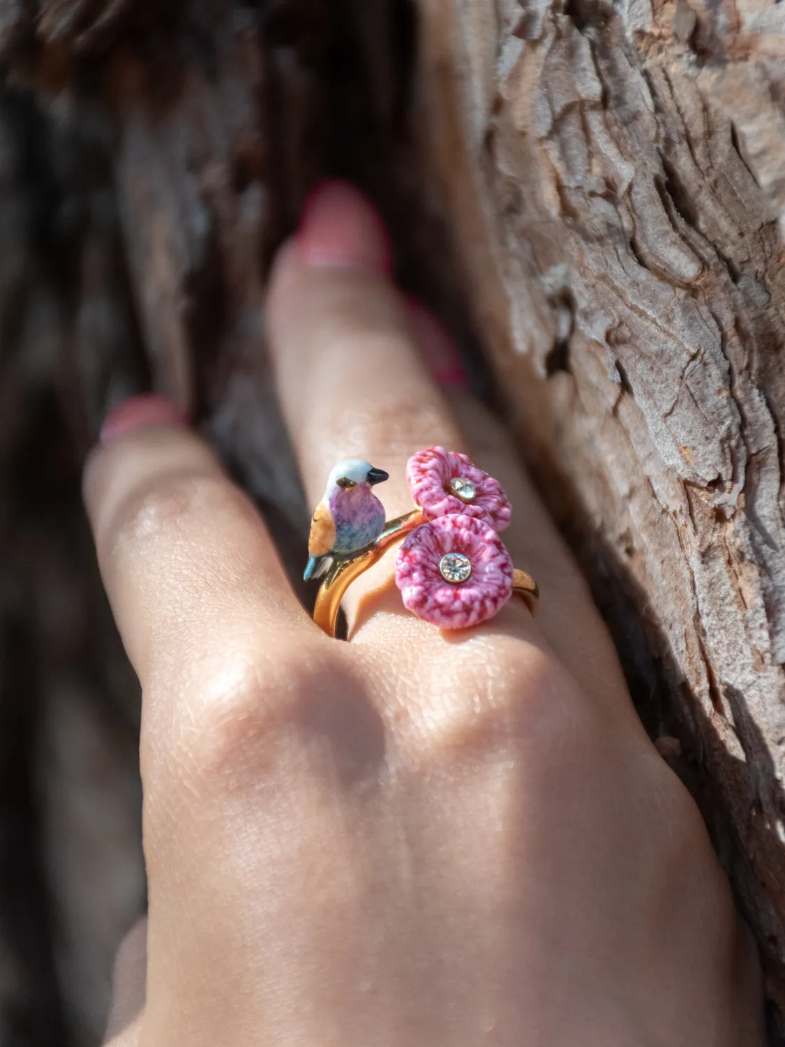 Nach Bijoux oiseau et chardons roses bague ajustable porcelaine