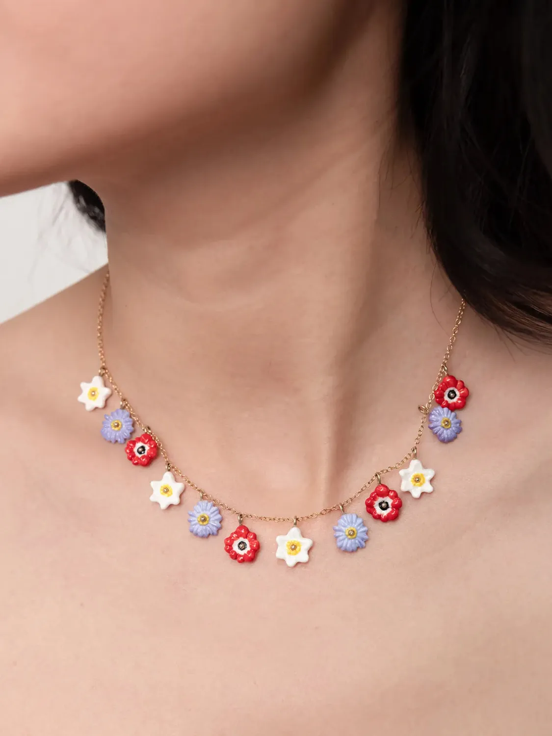 Nach Bijoux Collier Fleurs anémones porcelaine rouge 44 cm
