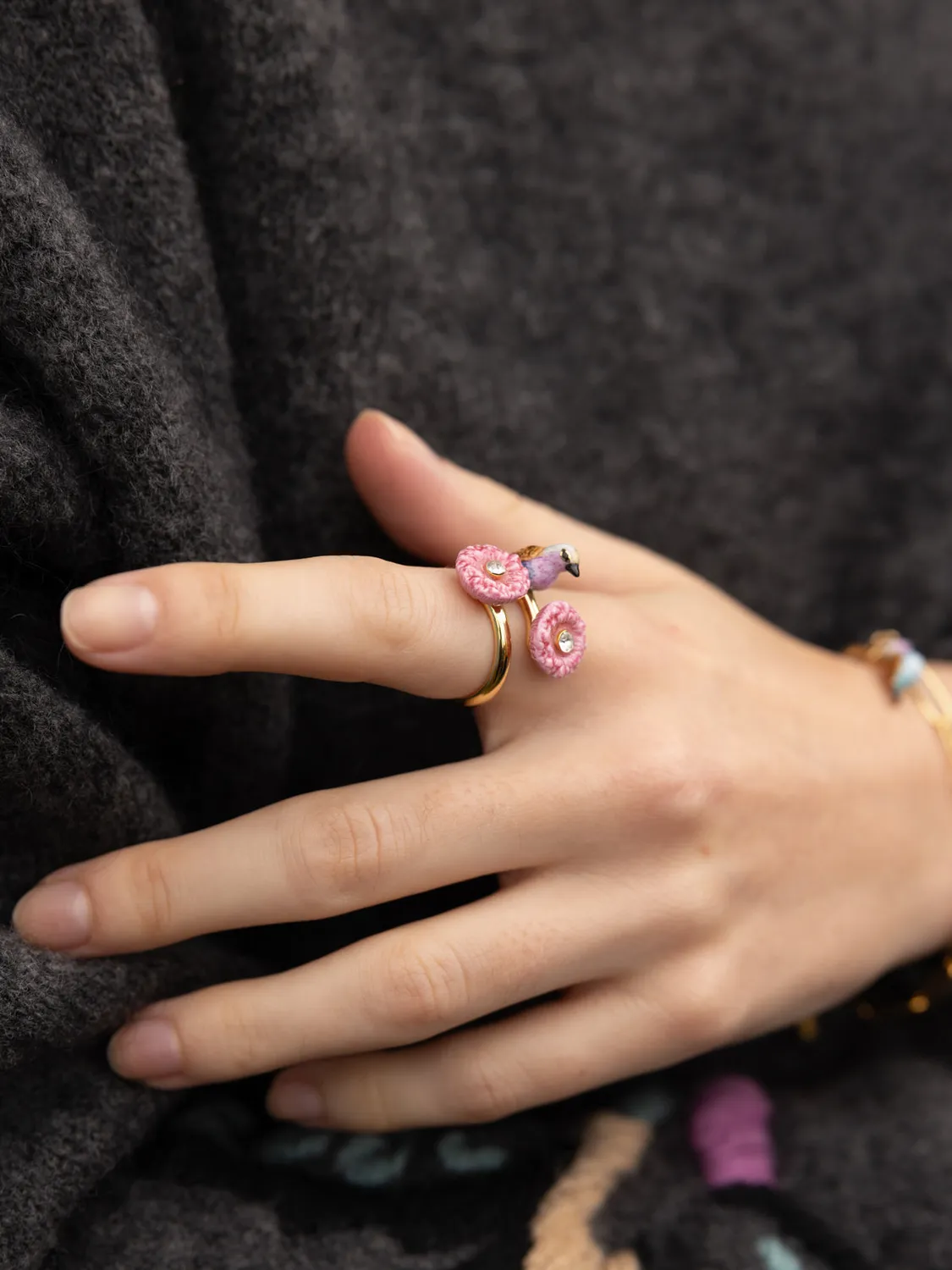 Nach Bijoux oiseau et chardons roses bague ajustable porcelaine