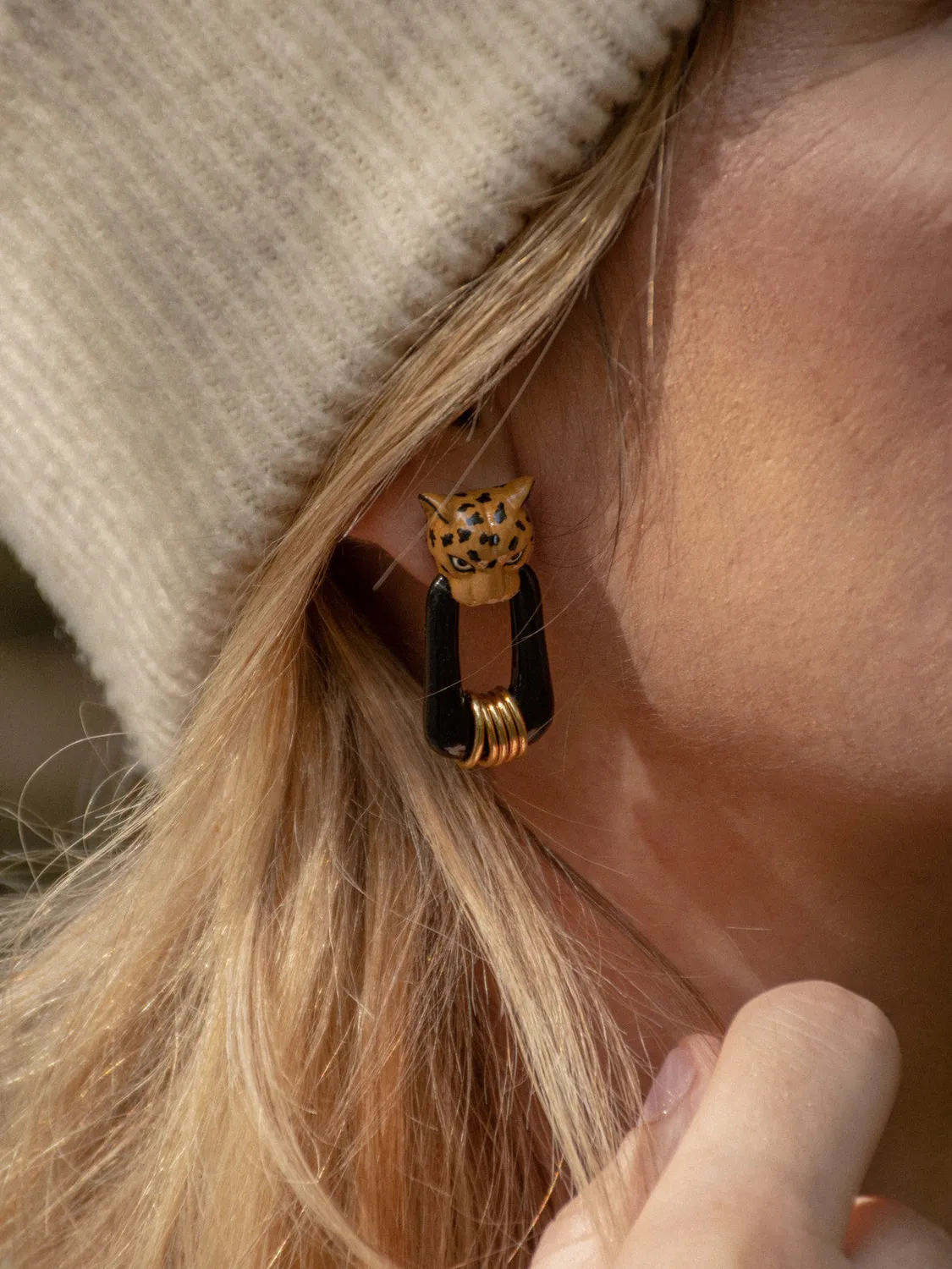 Nach Bijoux léopard noir Force boucles d'oreilles animale