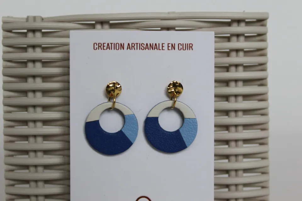 Drelin Trio Bleu Blanc boucles d’oreilles laiton plaqué or cuir
