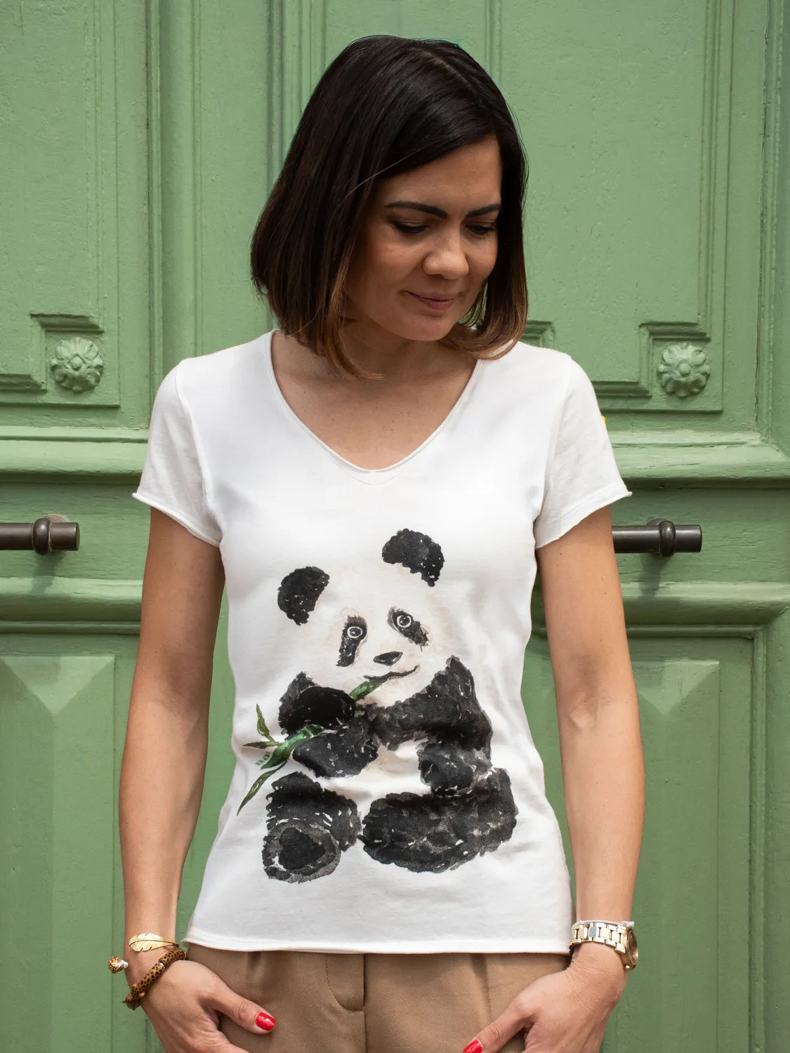 Nach Bijoux Victor panda gourmand t-shirt col V blanc