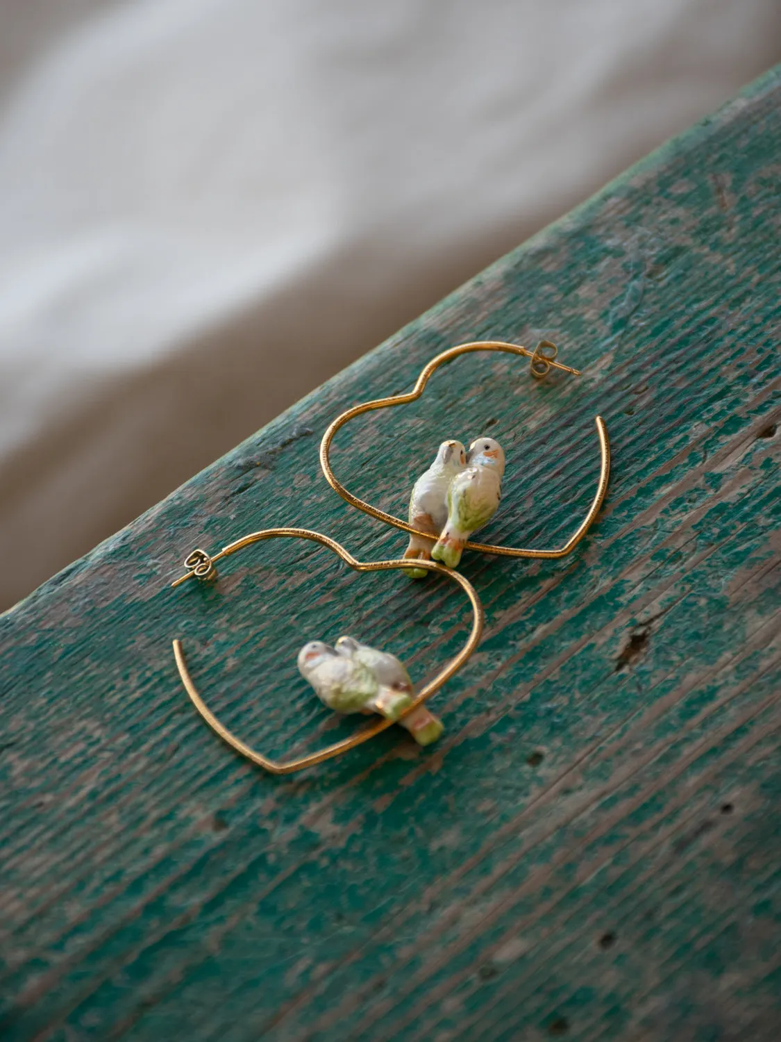 Nach Bijoux Perruches créoles cœur couple vert 7 cm