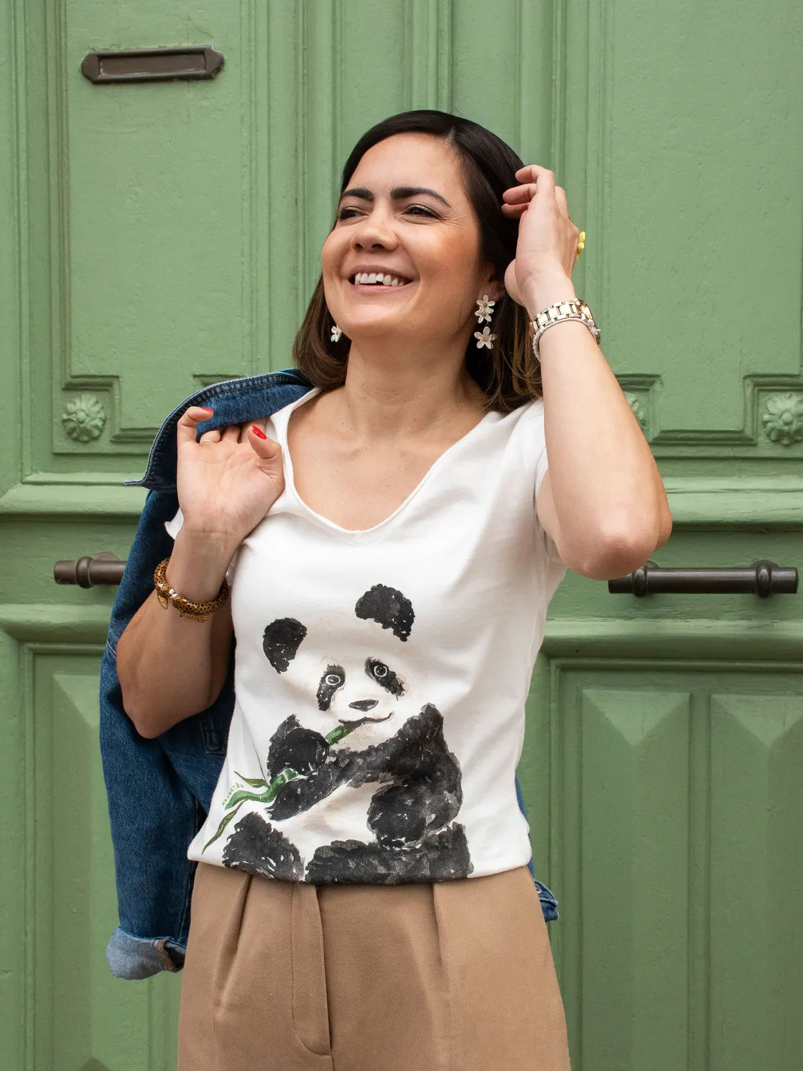Nach Bijoux Victor panda gourmand t-shirt col V blanc