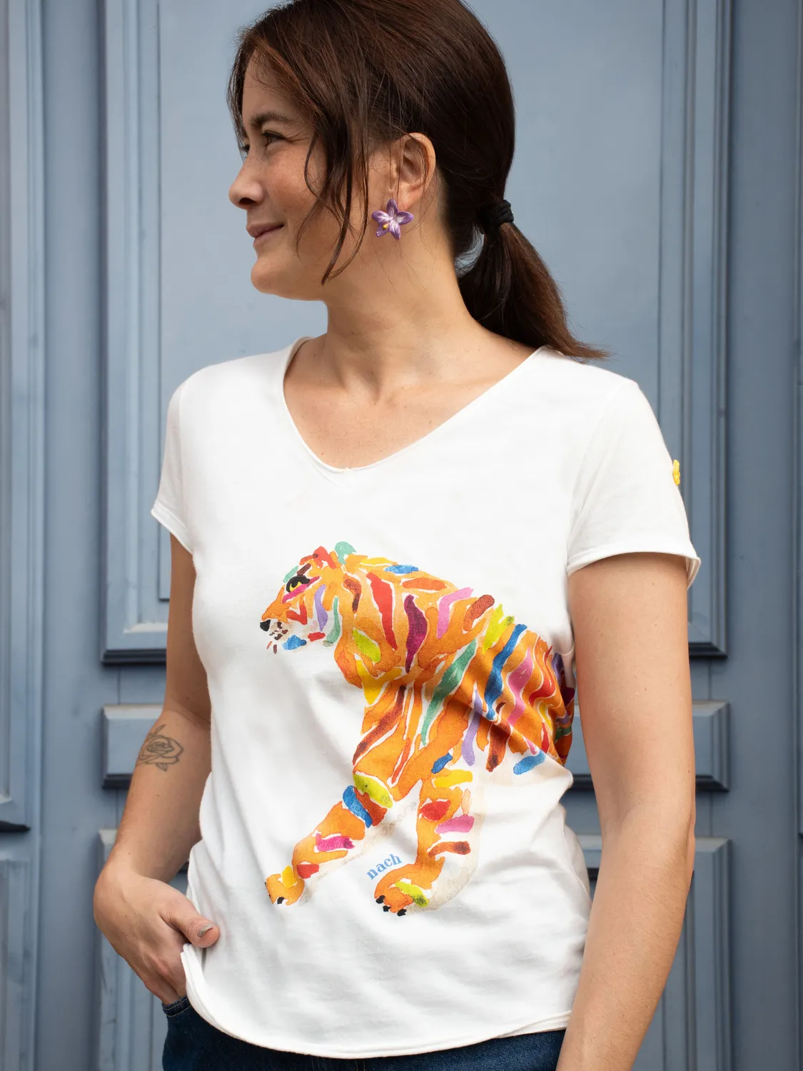 Nach Victor Crazy Tiger t-shirt col V blanc S-XL