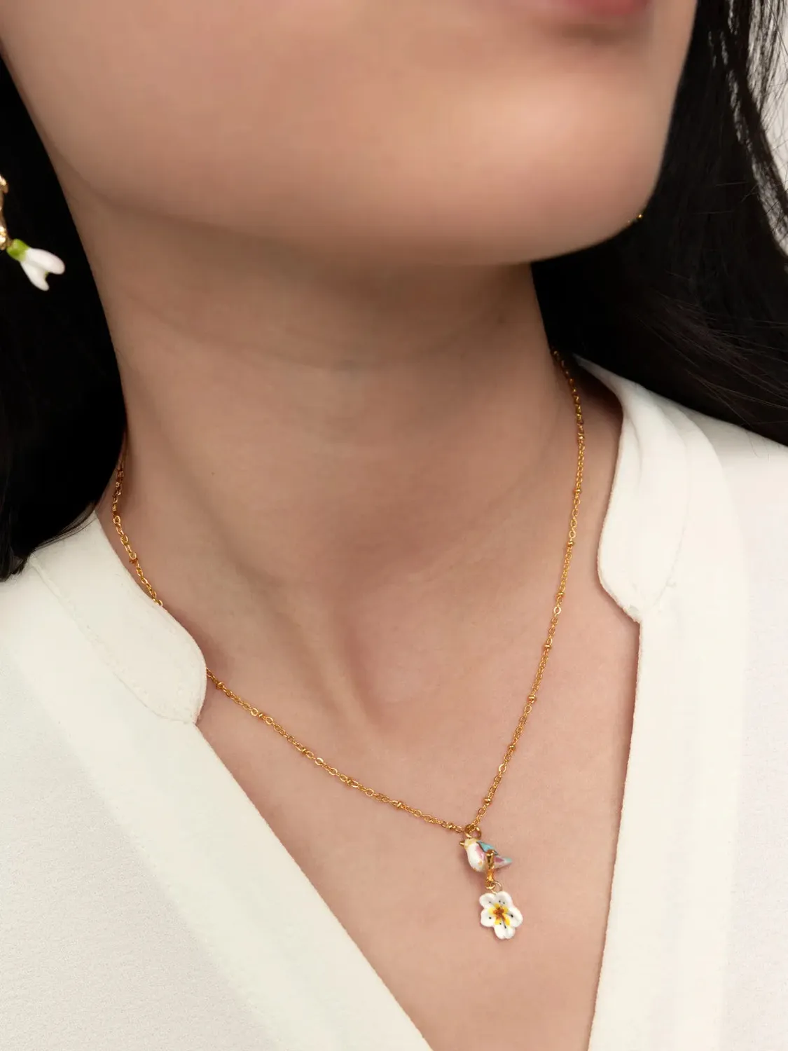 Nach Bijoux oiseau sur branche et fleur collier perles 48 cm
