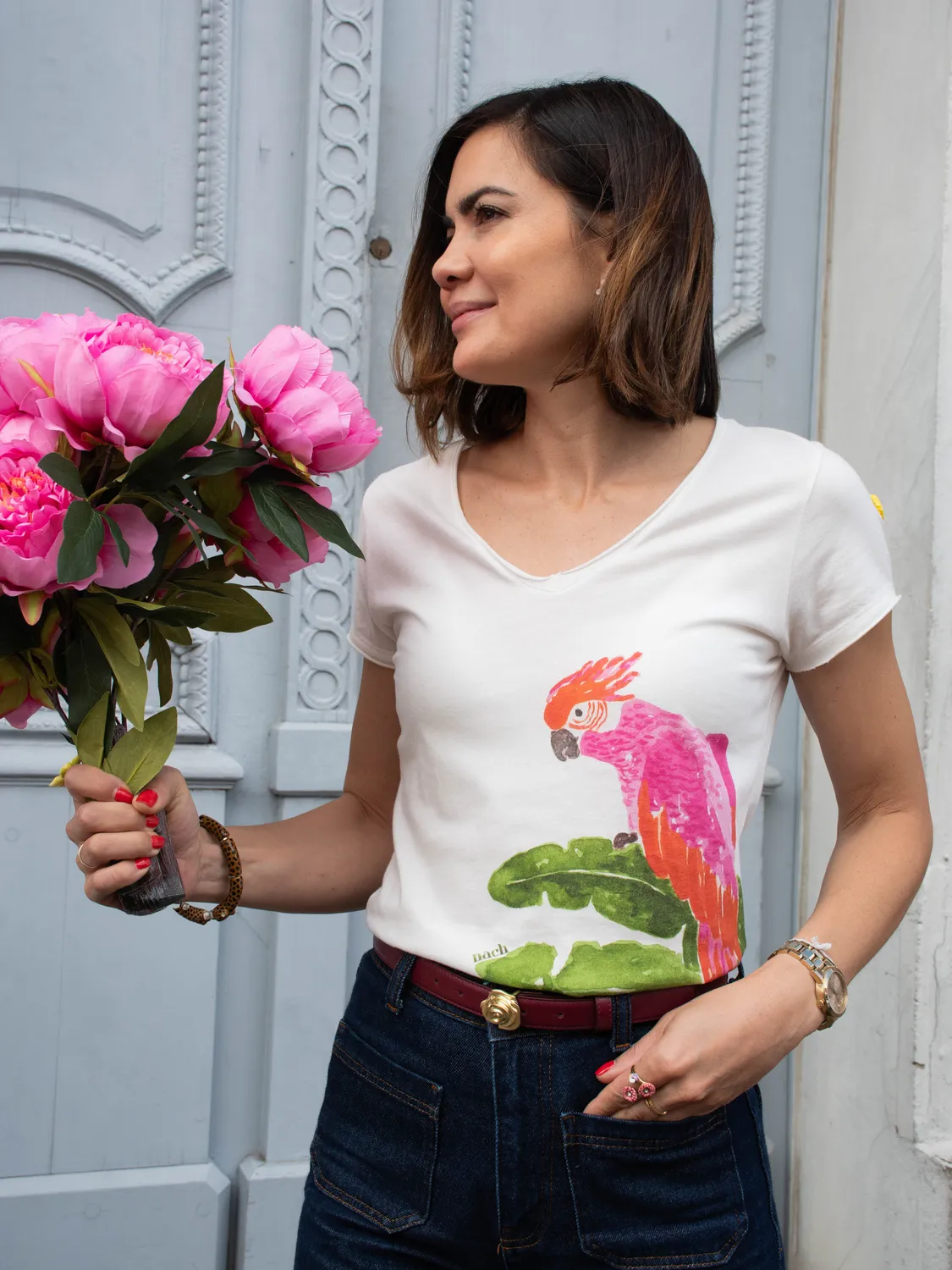 Nach Bijoux Victor cacatoès t-shirt blanc col V S à XL