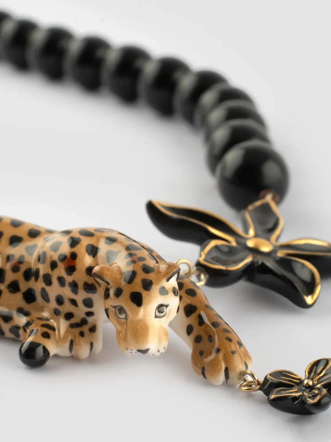 Nach Bijoux Idole sauvage Léopard fleur perles collier obsidienne