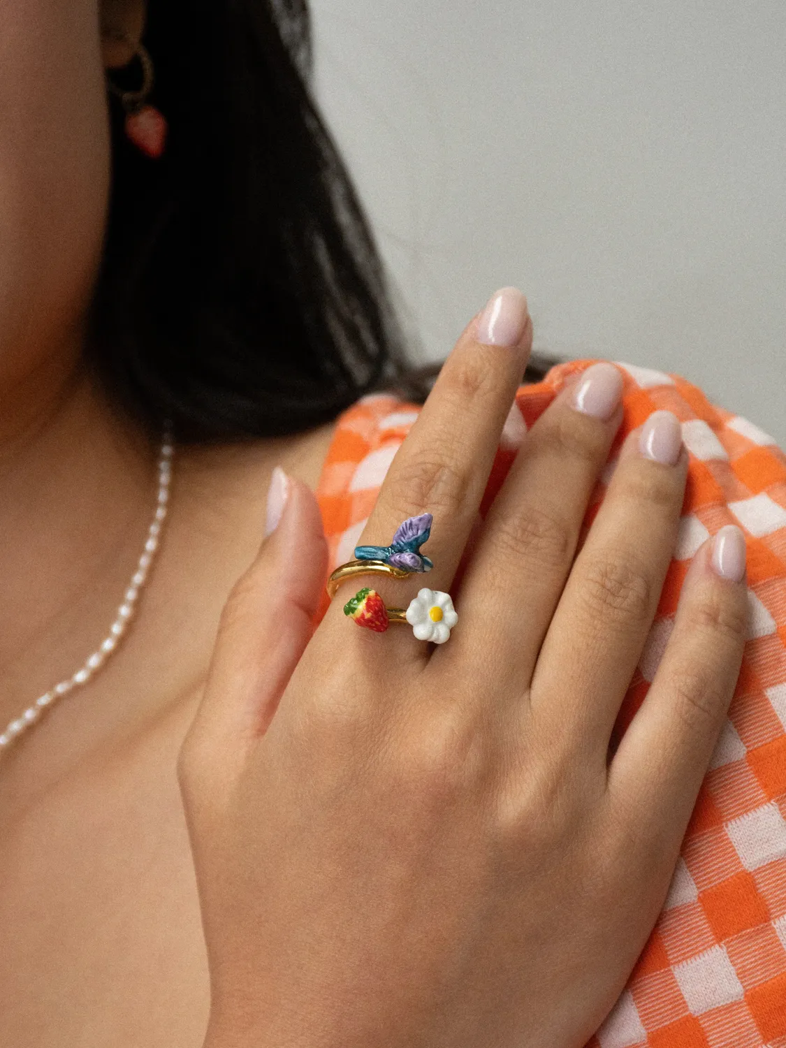 Nach Bijoux mésange fleur fraise bague ajustable porcelaine
