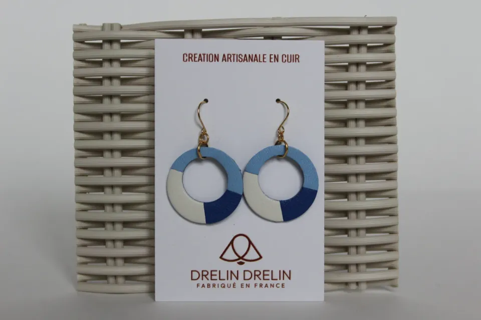 Drelin boucles d'oreilles cuir bleu blanc doré plaqué or