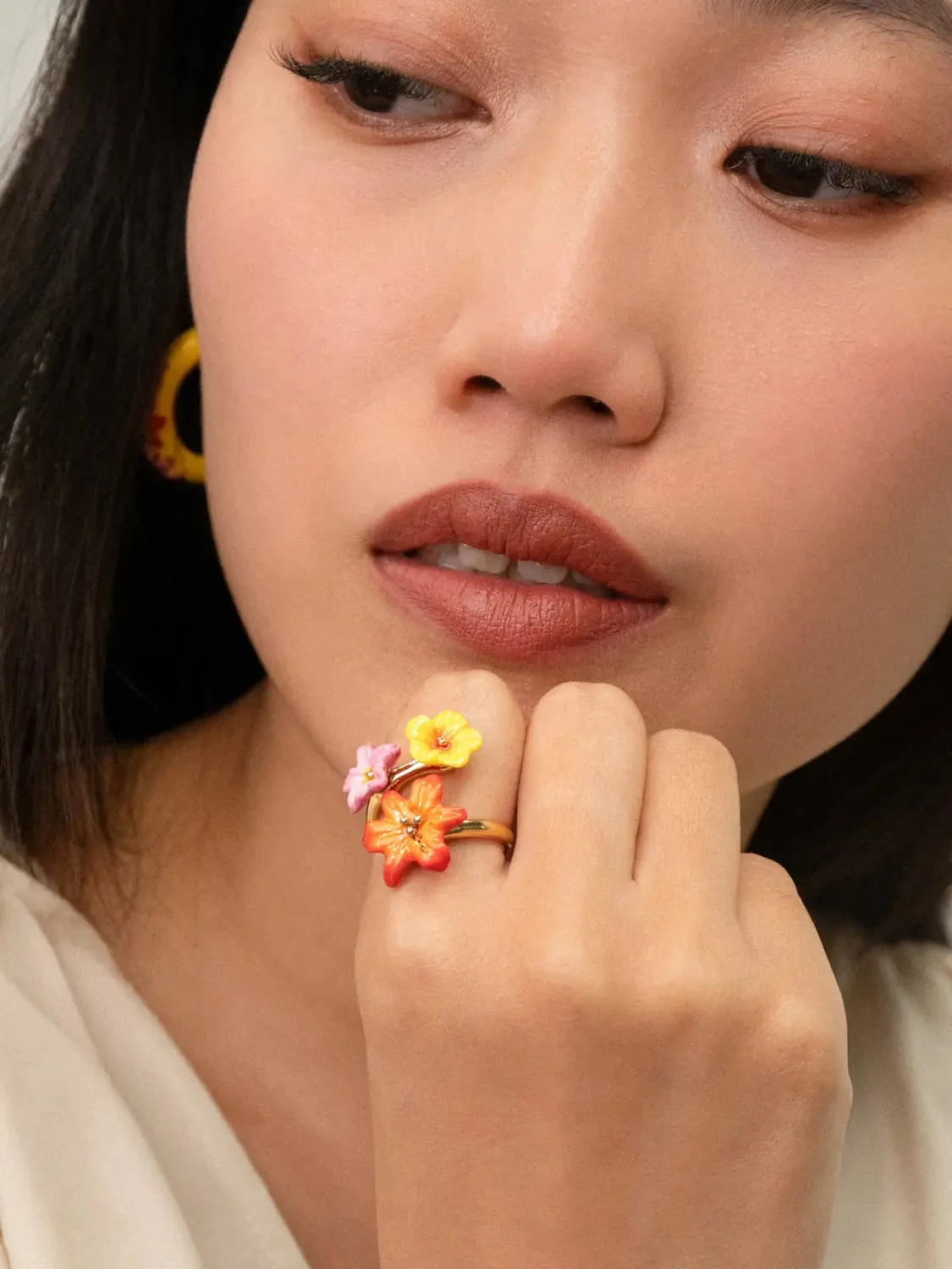 Nach Bijoux multi fleurs tropicales bague ajustable porcelaine