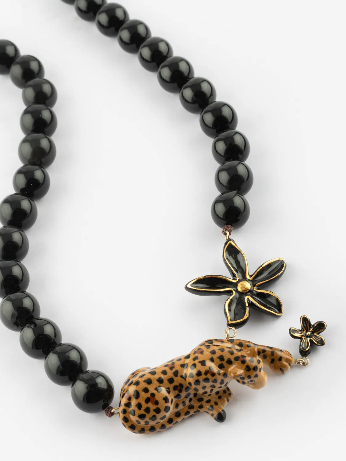Nach Bijoux Idole sauvage Léopard fleur perles collier obsidienne