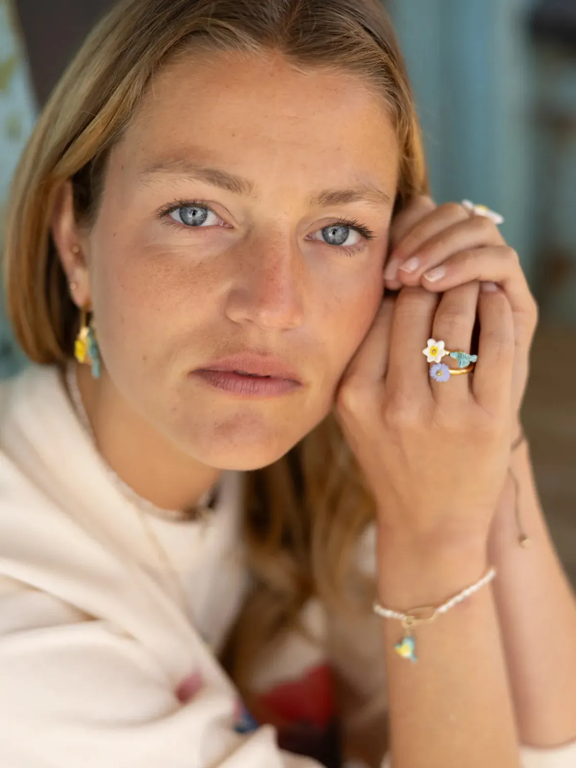 Nach Bijoux Oiseau Paruline Bleue bague ajustable porcelaine