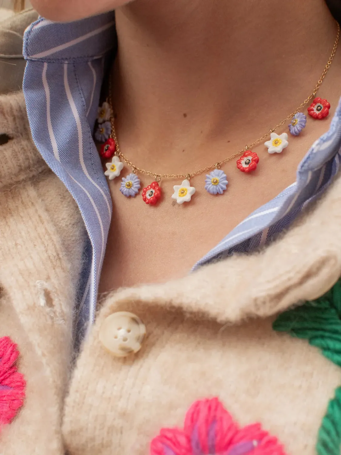 Nach Bijoux Collier Fleurs anémones porcelaine rouge 44 cm