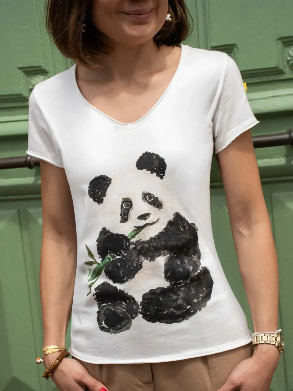 Nach Bijoux Victor panda gourmand t-shirt col V blanc