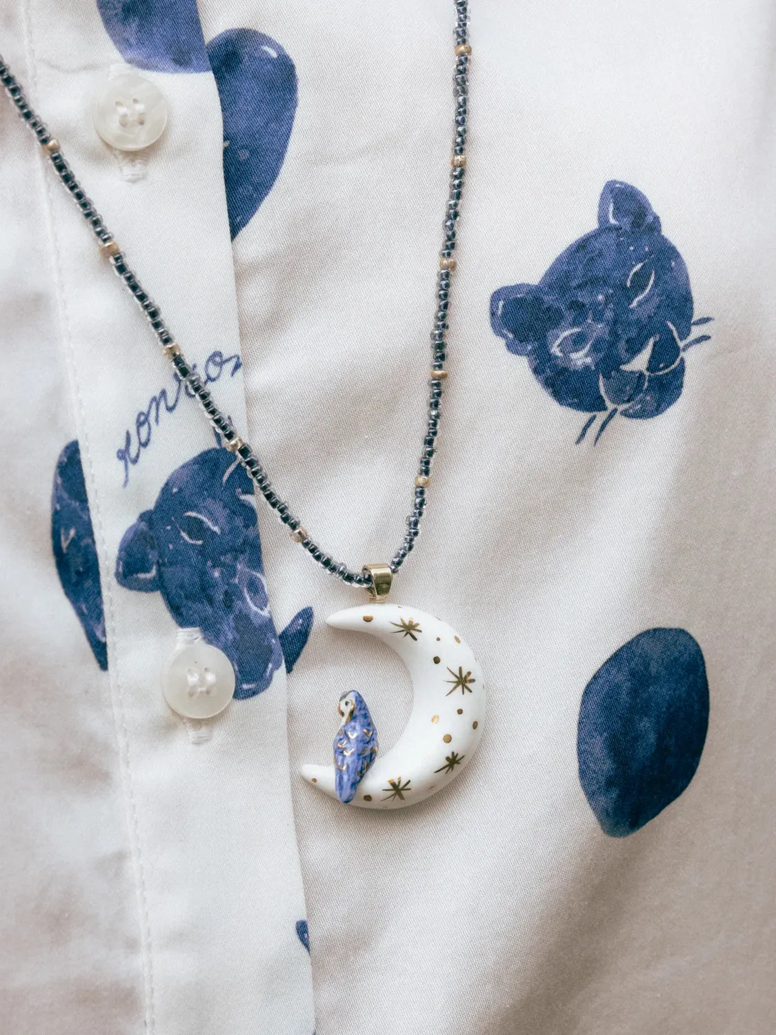 Nach Bijoux Cosmic Collier perles lune et chouette 80 cm porcelaine