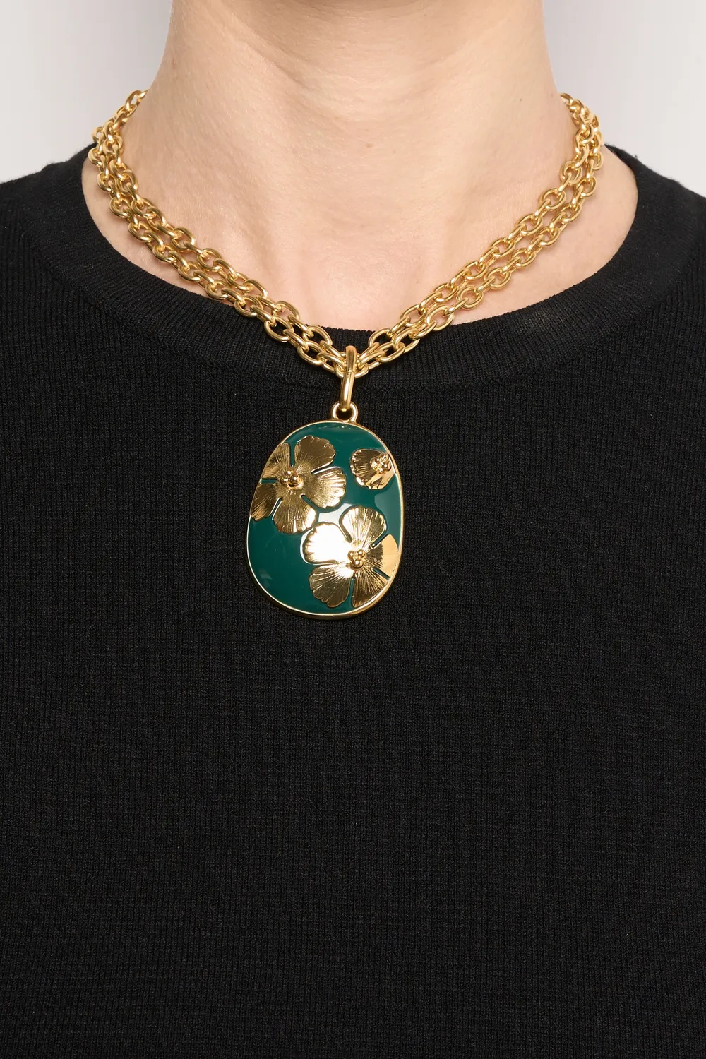 Philippe Ferrandis Magnolia fleurs d'or collier vert noir 39 cm