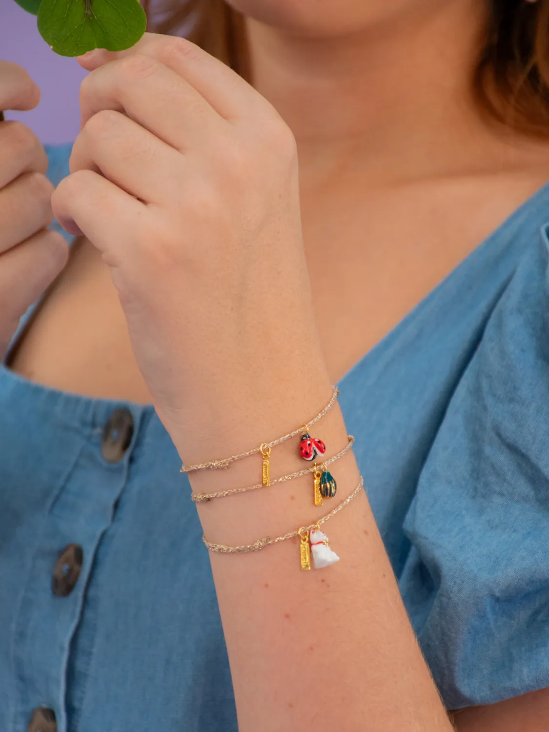 Nach Bijoux Lucky you bracelet maneki neko cordon beige doré