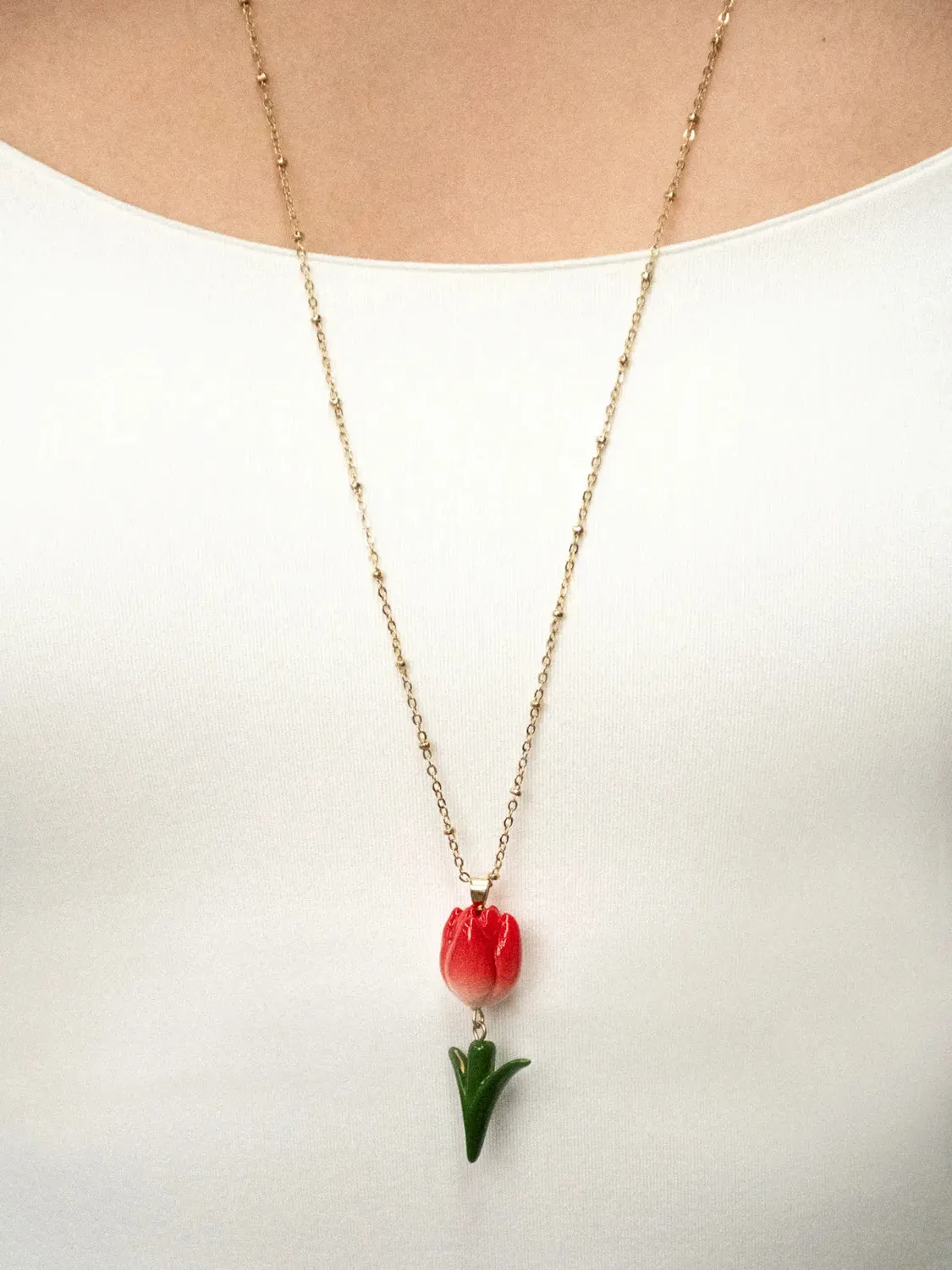 Nach Bijoux Tulipe rouge long collier porcelaine 75 cm