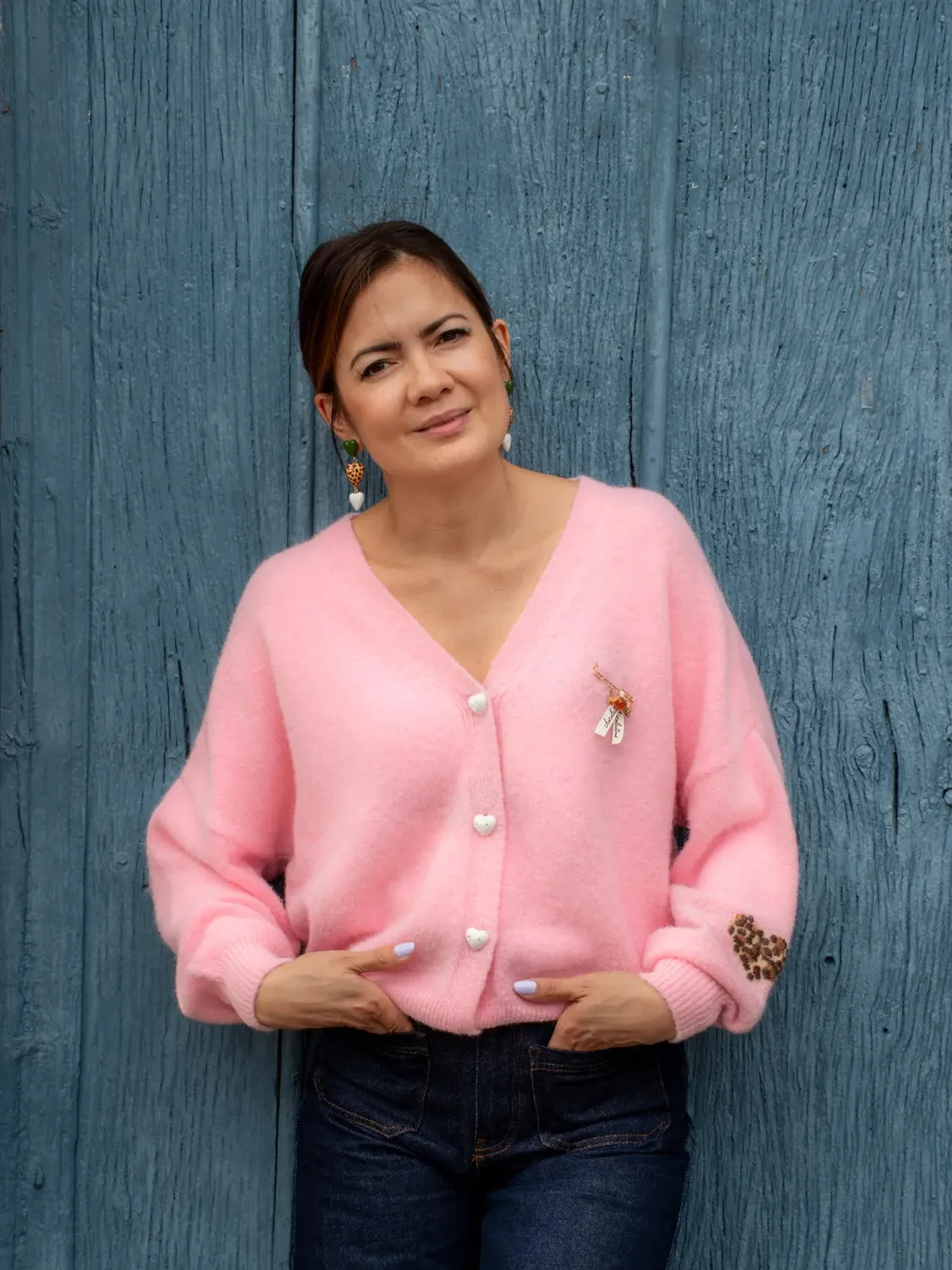 Nach Bijoux Chocolatine gilet rose boutons cœur