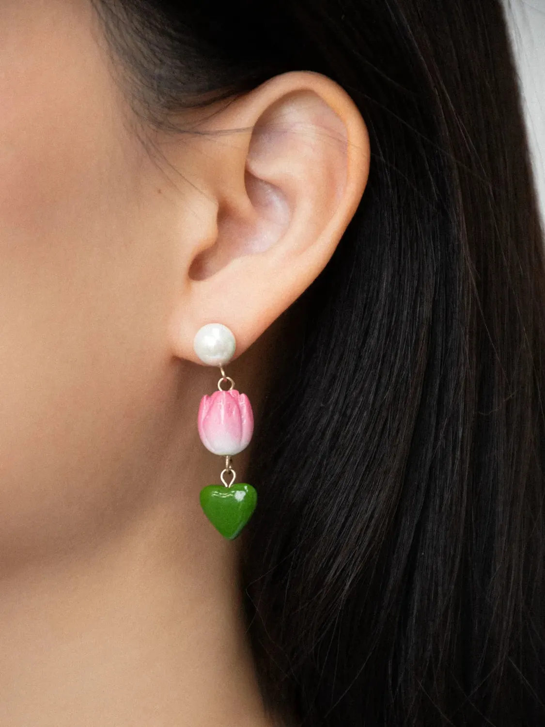 Nach Bijoux Pendante perle tulipe et cœur boucles doreilles nacre