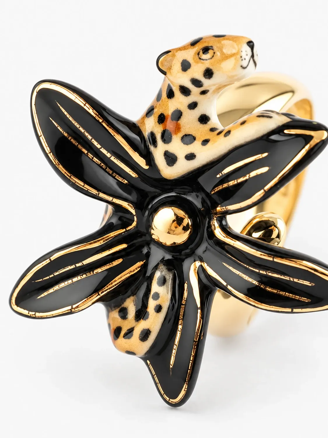 Nach Bijoux bague fleur d'Erine et léopard porcelaine ajustable
