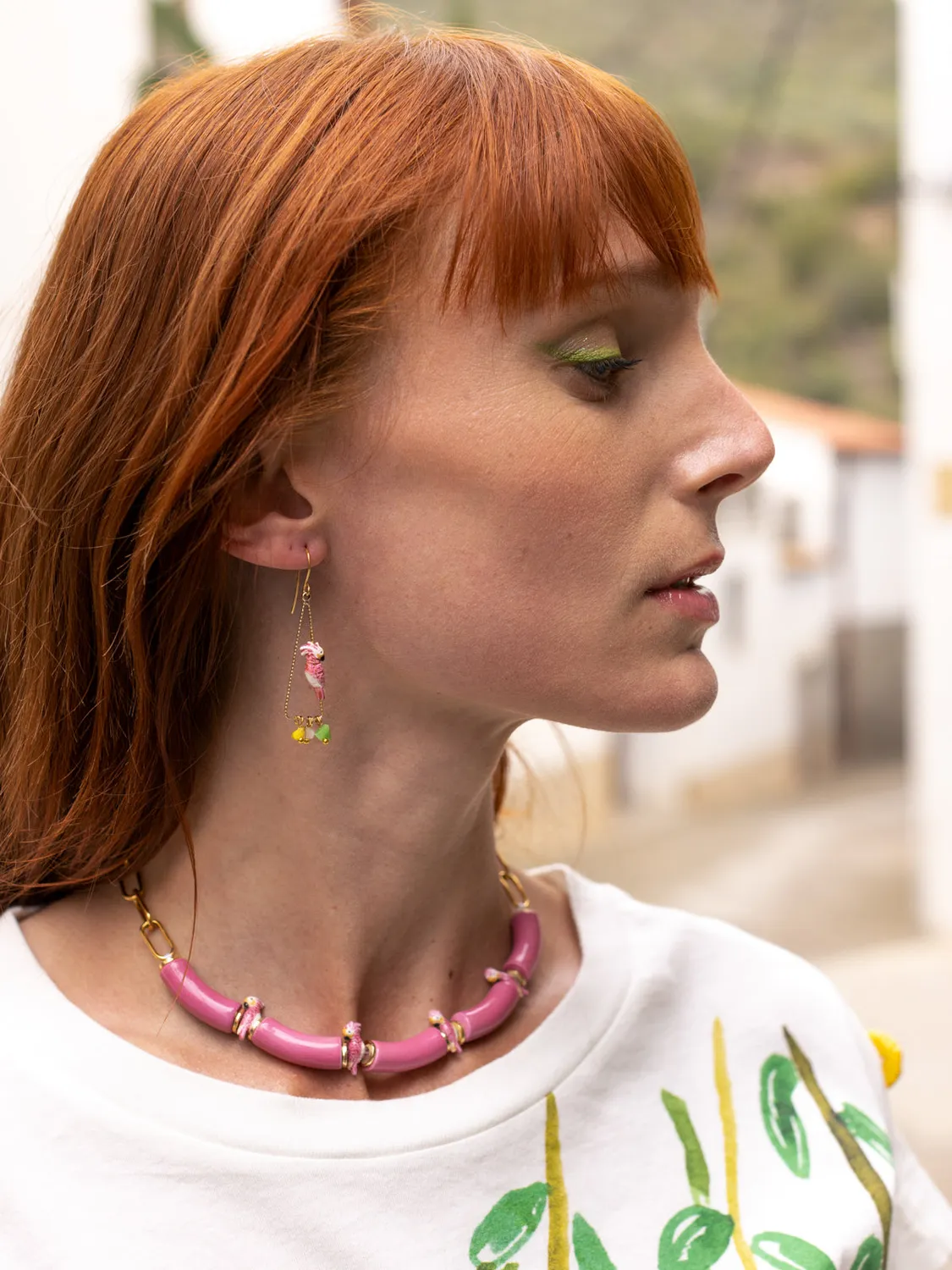 Nach Bijoux cacatoès collier perles roses porcelaine 45 cm