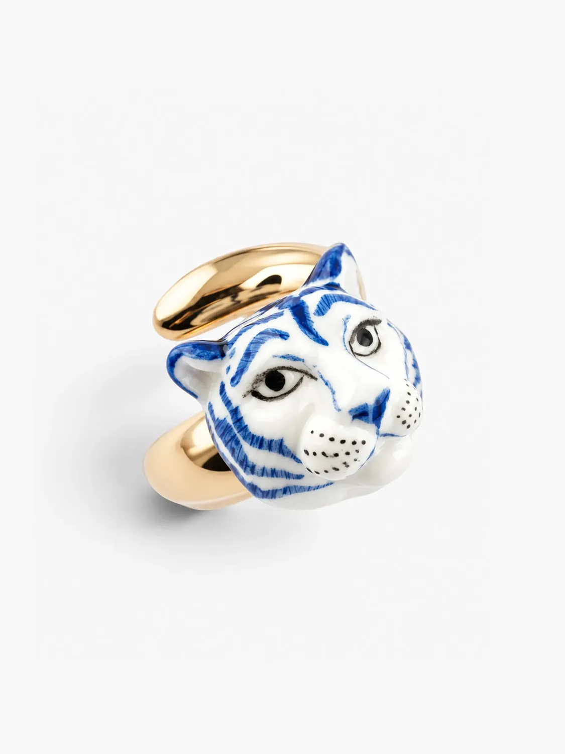 Nach Bijoux tigre bleu bague ajustable porcelaine feuille dor