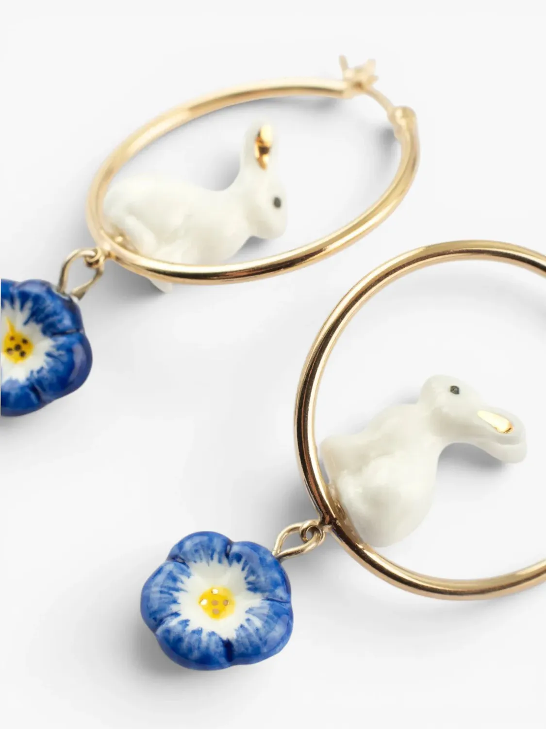 Nach Cosmic créoles lapin fleur bleue porcelaine 4,1 cm
