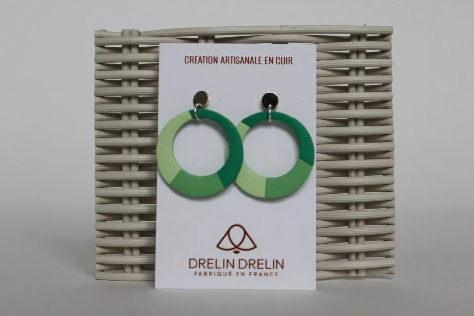 Drelin boucles d’oreilles cuir trio vert argent