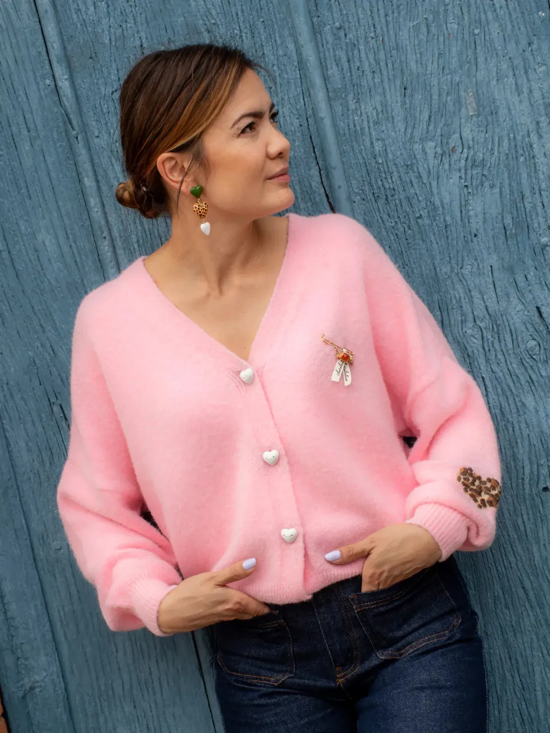 Nach Bijoux Chocolatine gilet rose boutons cœur
