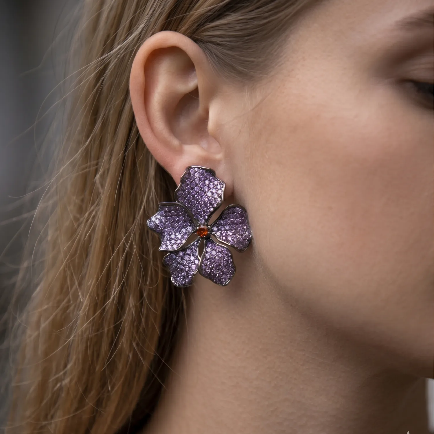 Nao de Paris Purple Iris coeur grenadine boucles d’oreilles ruthénium