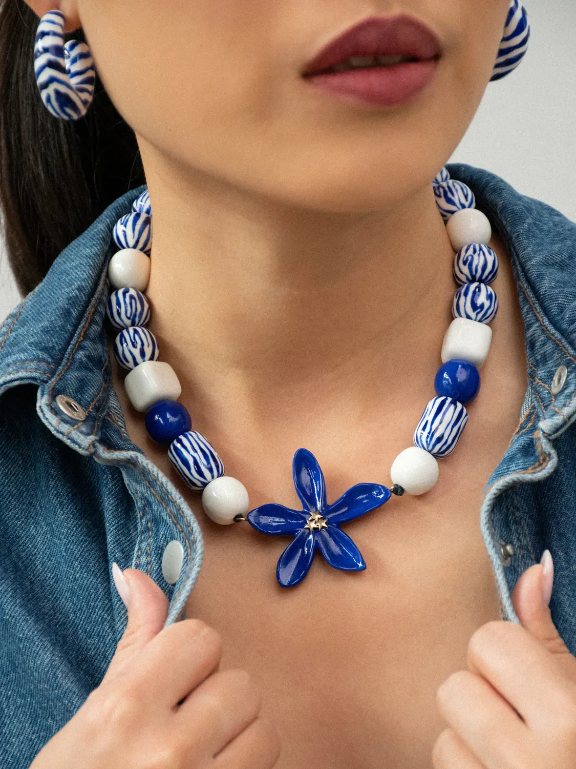Nach Bijoux jasmin bleu maxi collier ajustable coton