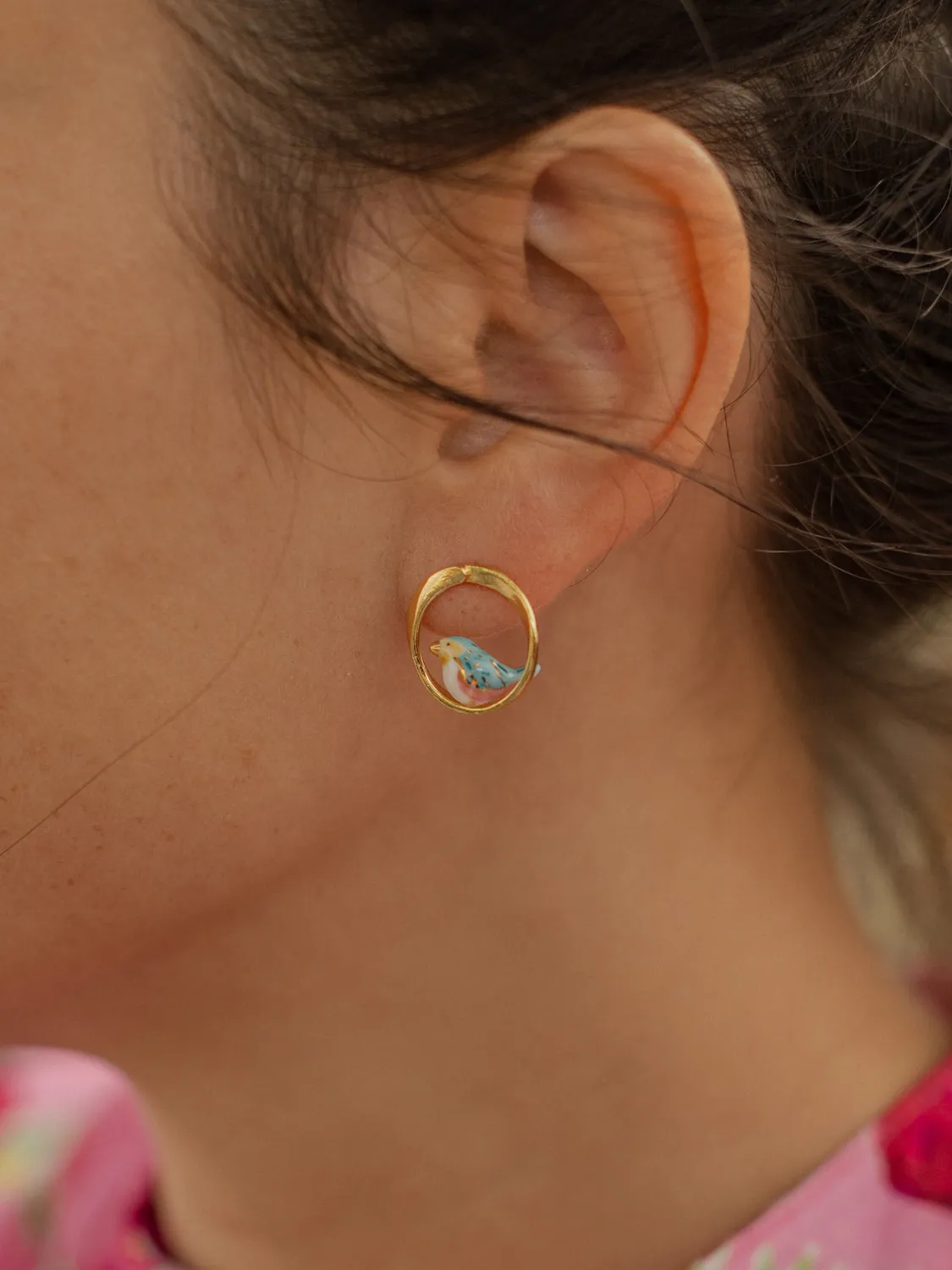Nach Bijoux oiseau bleu boucles puces rondes porcelaine