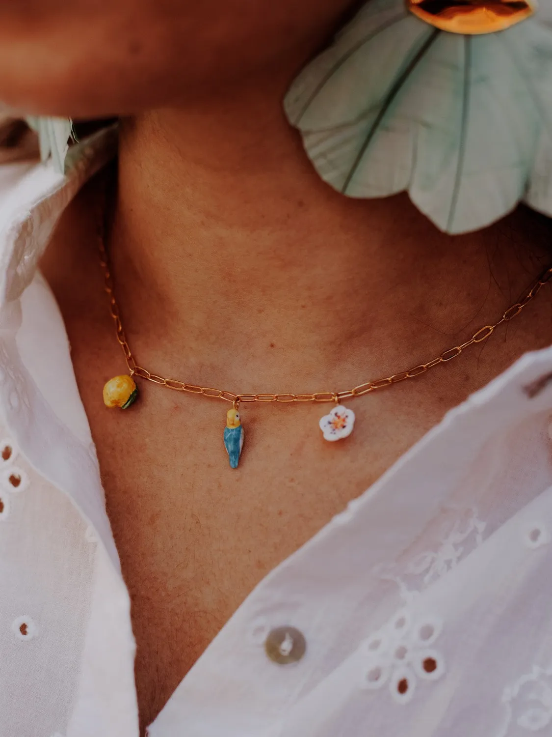 Nach Bijoux Perruche Bleue collier porcelaine 50 cm doré