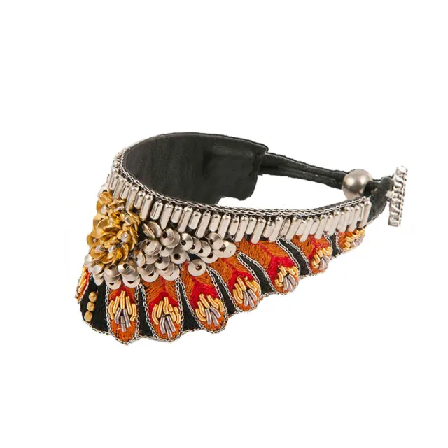 Nahua Nita bracelet cuir orange brodé soie ajustable