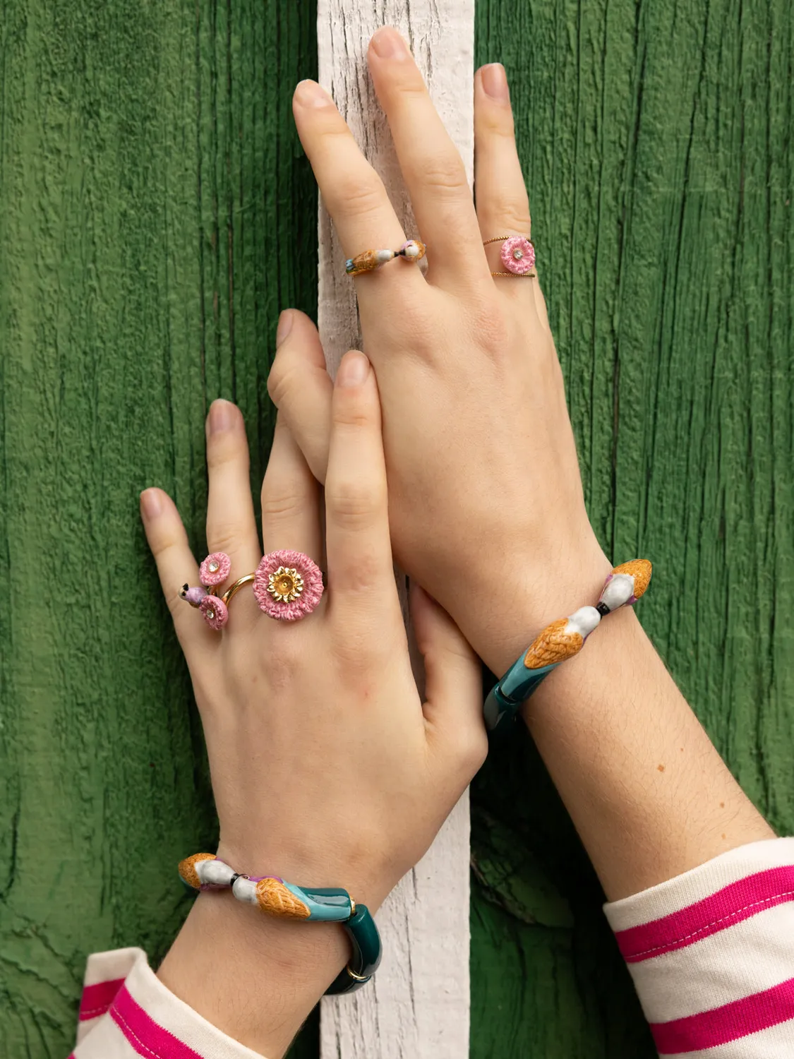 Nach Bijoux oiseau et chardons roses bague ajustable porcelaine