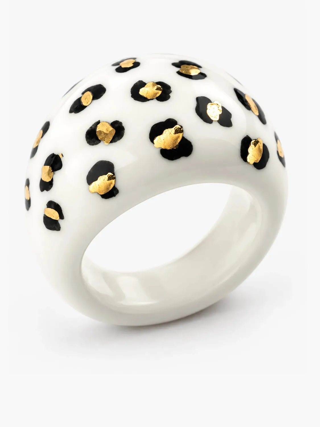 Nach Bijoux Léopard blanc doré bague porcelaine feuille d'or