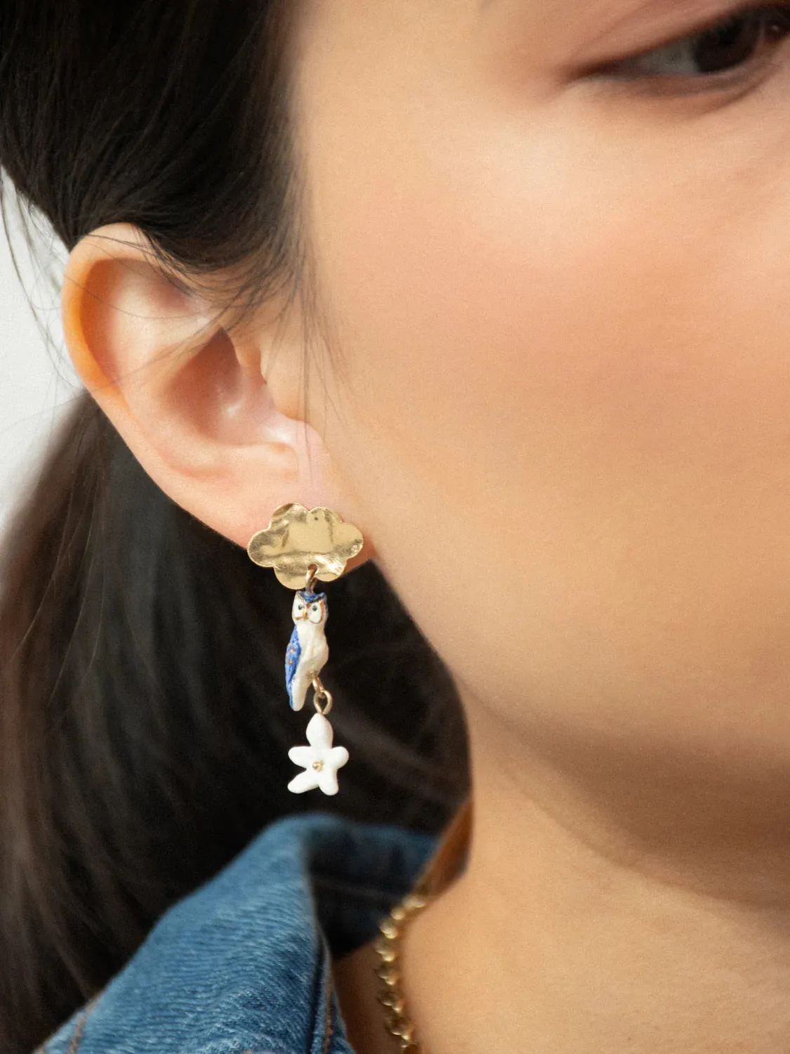 Nach Bijoux Nuage chouette et jasmin boucles doreilles bleues