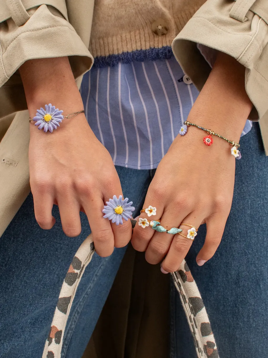 Nach Bijoux fleur anémone bleue bague porcelaine ajustable