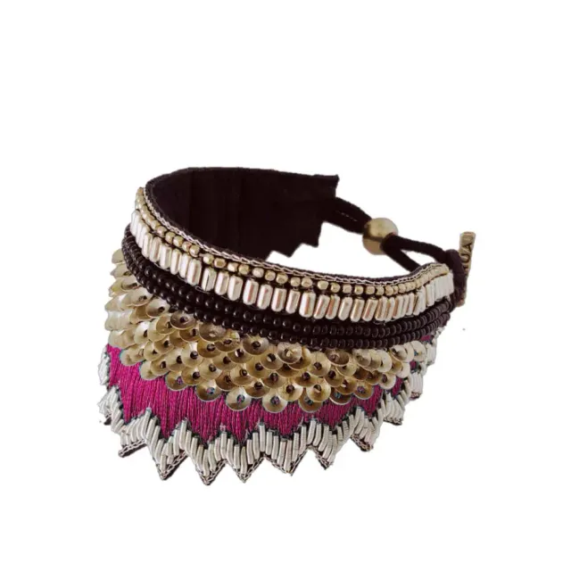 Nao de Paris Madeline Fuchsia bracelet brodé cuir