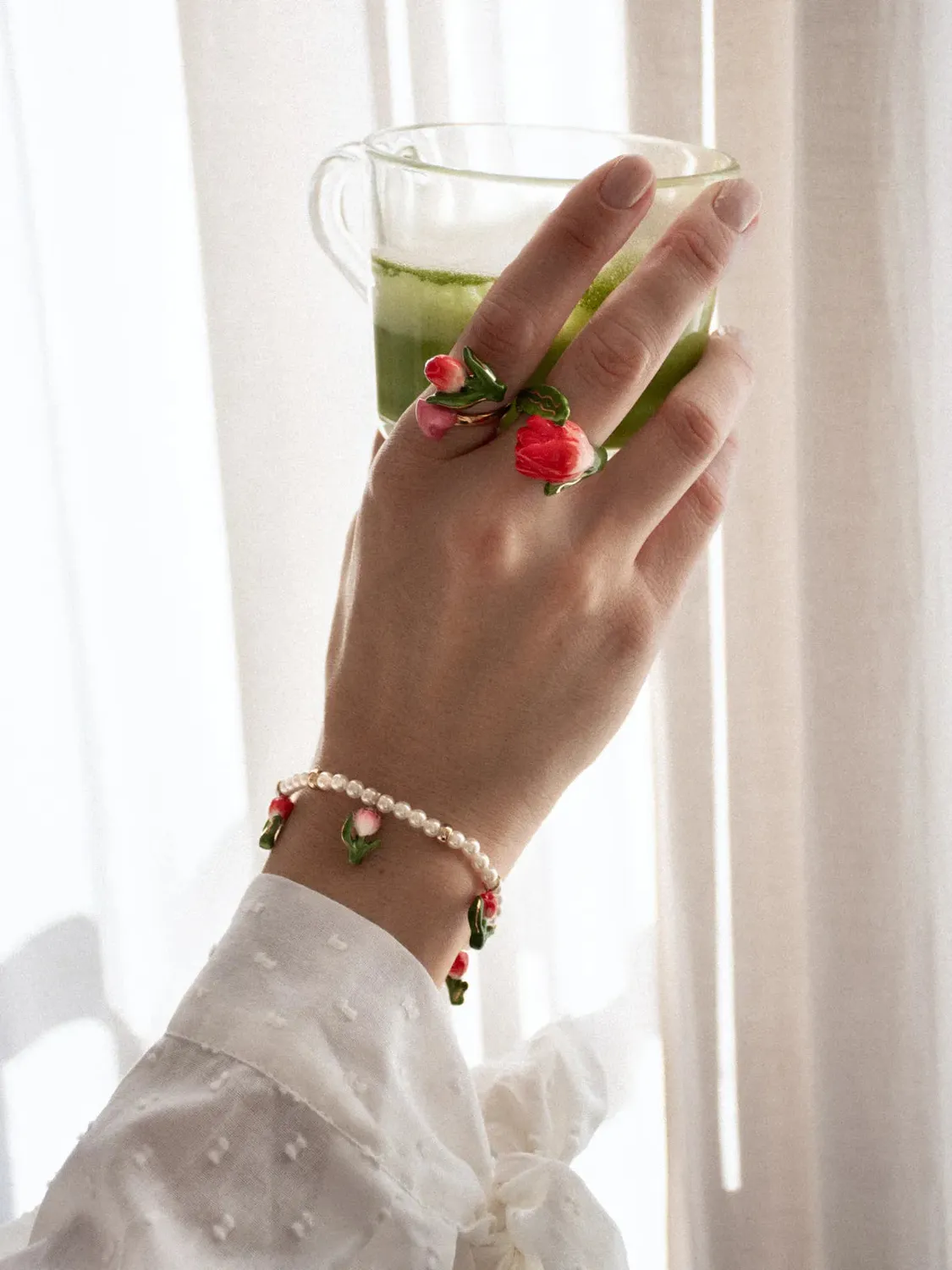 Nach Bijoux Tulipes perles blanches bracelet porcelaine rivière
