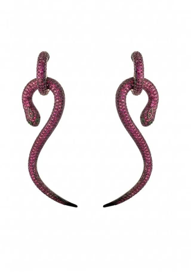 Nao de Paris Serpent Rubis boucles d'oreilles ruthénium 7 cm