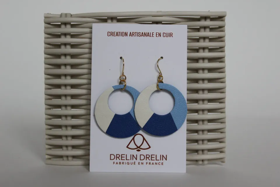 Drelin Trio Bleu Blanc boucles d’oreilles argent 925 doré cuir