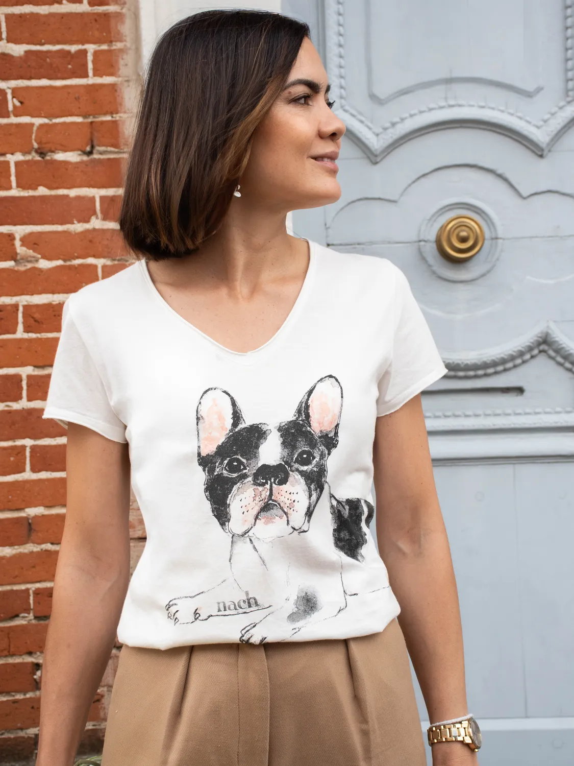 Nach Bijoux Victor t-shirt bouledogue blanc col V porcelaine